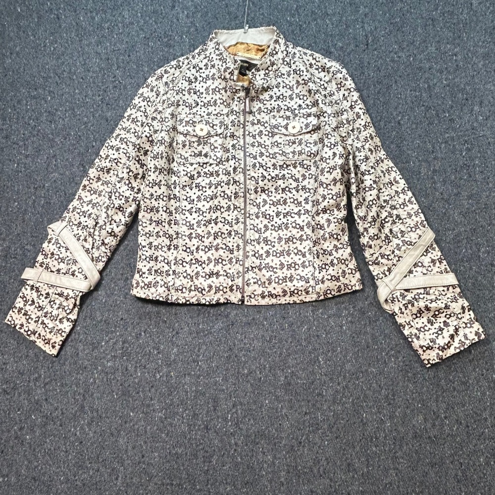 Rocawear Jacket Medium M Womens Cream‎ Monogram Perforated Y2K Streetwear Moto